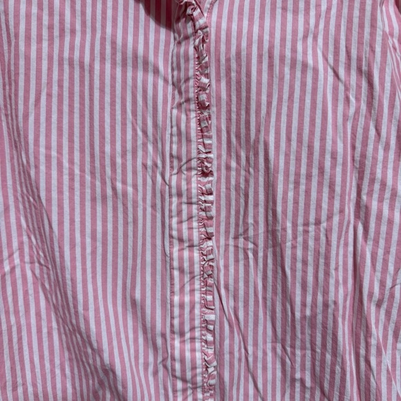 Crown & Ivy Pink White Striped Cotton Stretch Ruffle Button Up Top - Picture 3 of 6